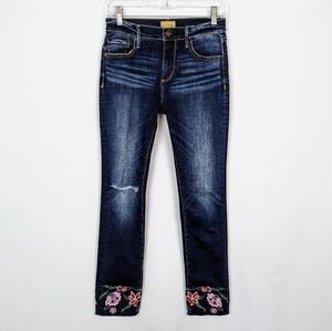 Driftwood sz.25 Colette Jeans Floral Embroidered Hem Straight Leg Ankle Bohemian